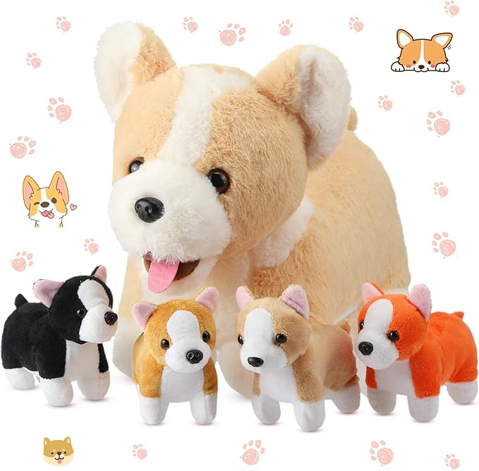 5 件小狗填充动物填充妈妈狗肚子,带 4 个可爱的毛绒狗玩具枕头,柔软